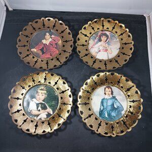 Vintage 6" Round Brass Butterfly Die Cut Framed Victorian Prints (4pcs)